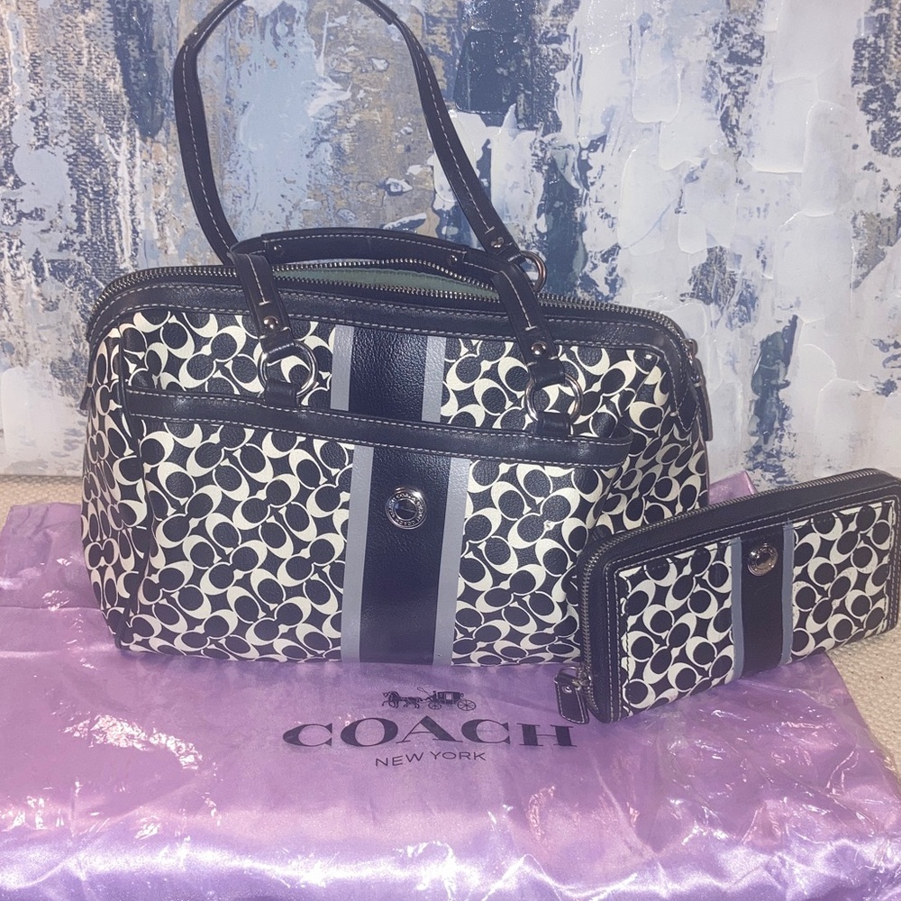 Coach Black and White Satchel with Matching Wallet